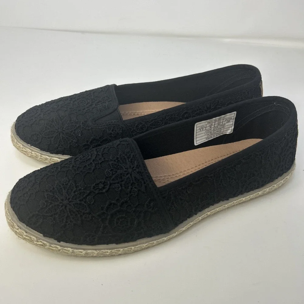 POVOGER Women's Size 11 Black Floral Lace Espadrille Flats Slip On Loafers NEW